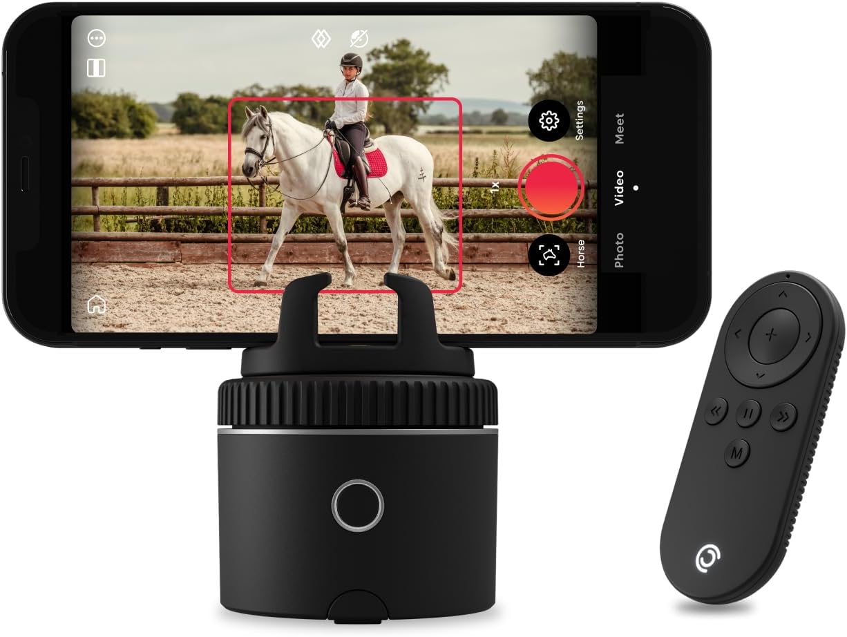 Purple auto-tracking phone holder with 360° rotation mounted on stand, showing remote control and tracking indicators — view 3b