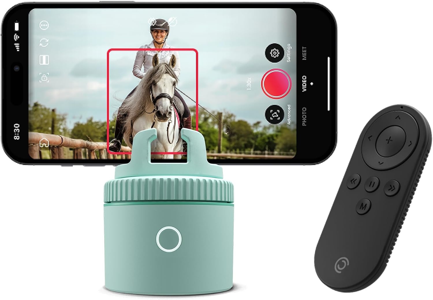 Purple auto-tracking phone holder with 360° rotation mounted on stand, showing remote control and tracking indicators — view 4