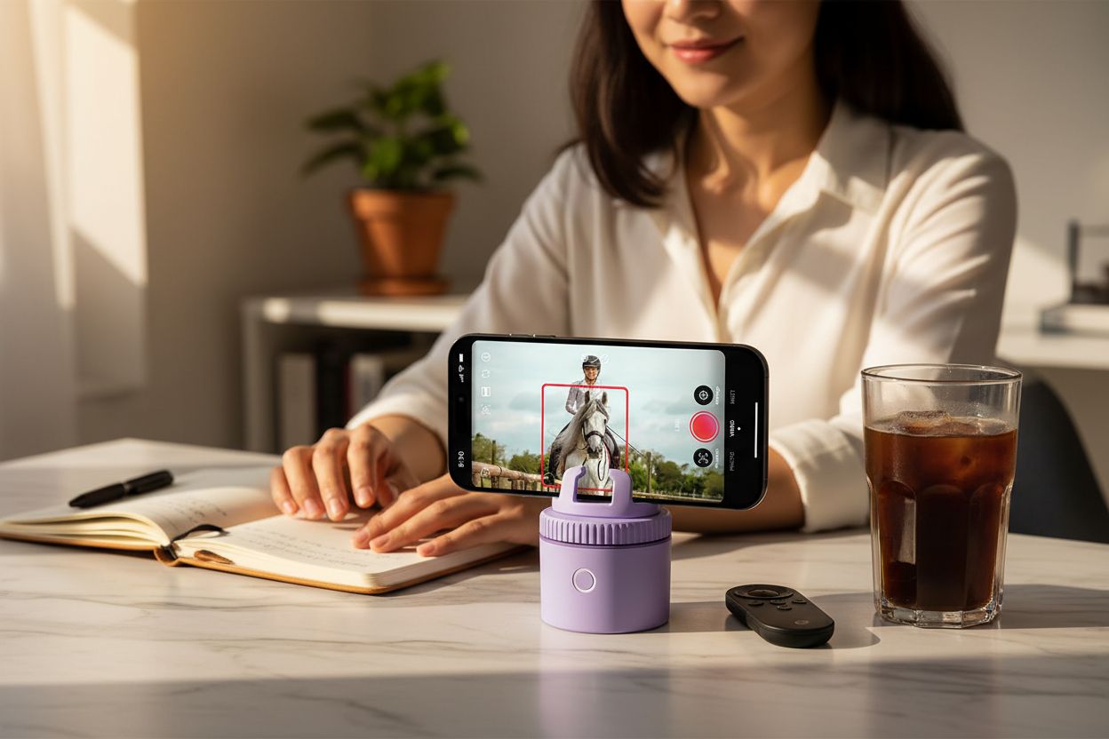 Purple auto-tracking phone holder with 360° rotation mounted on stand, showing remote control and tracking indicators — view 1
