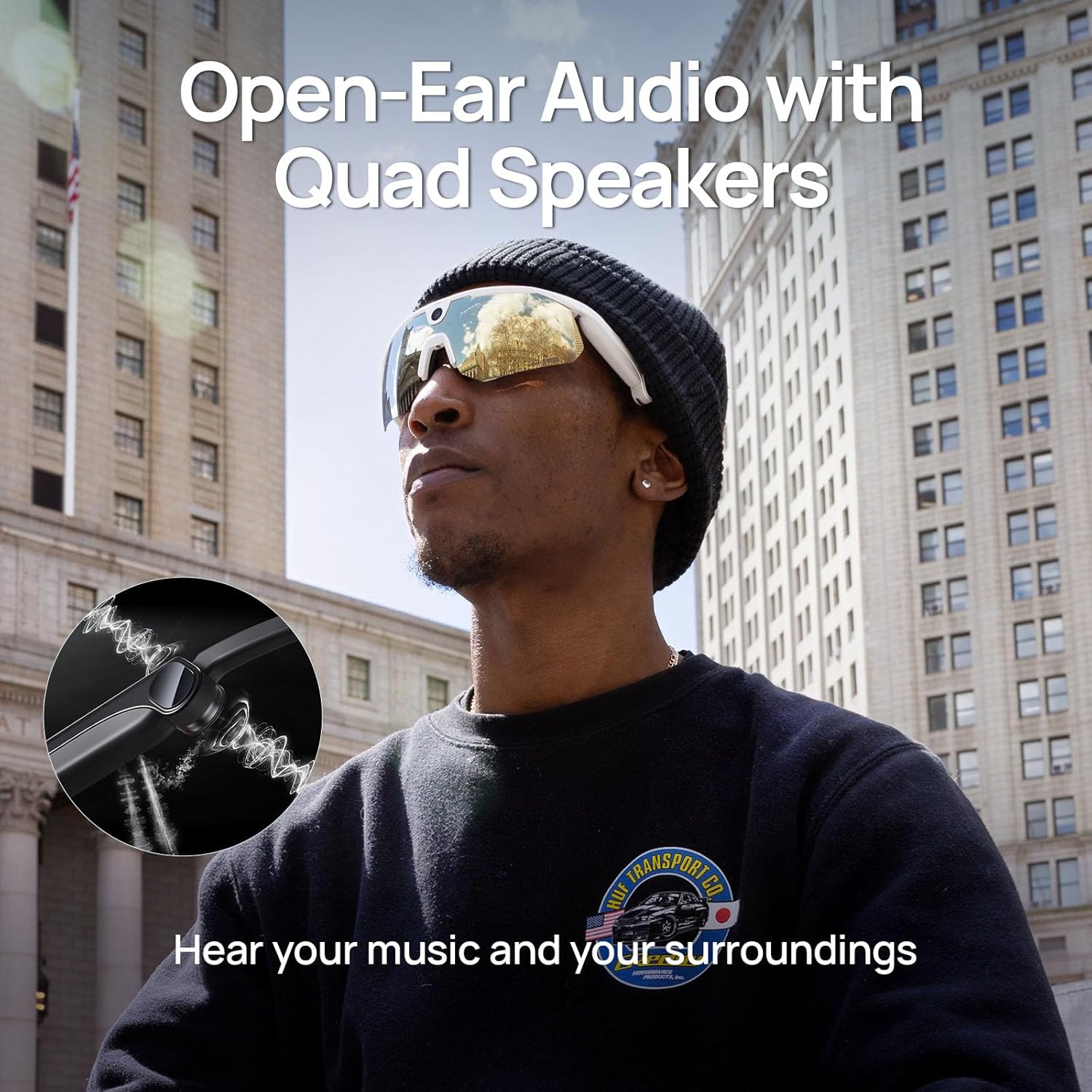 White rugged sports camera glasses with Zeiss lens, showing front view with 120ยฐ FOV and built-in microphone for open-ear audio โ view 2