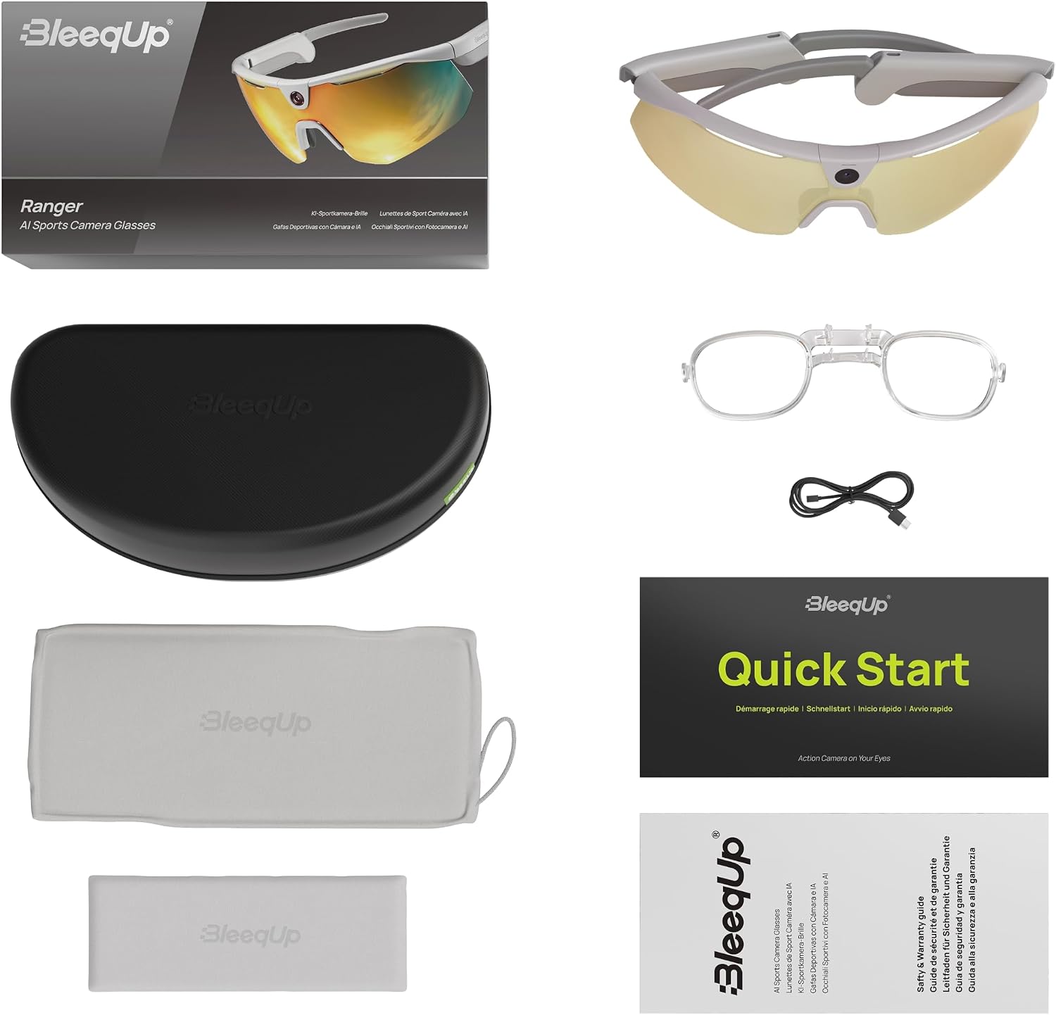 White rugged sports camera glasses with Zeiss lens, showing front view with 120° FOV and built-in microphone for open-ear audio — view 3a