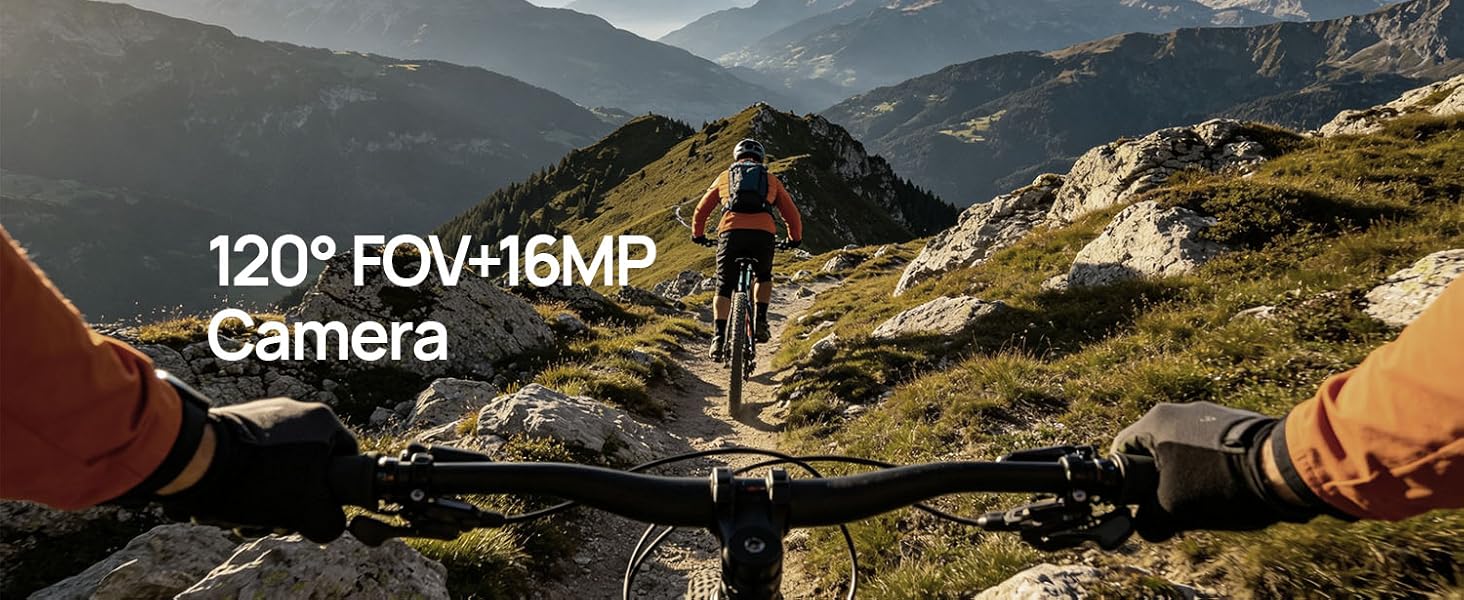 White rugged sports camera glasses with Zeiss lens, showing front view with 120° FOV and built-in microphone for open-ear audio — view 5b