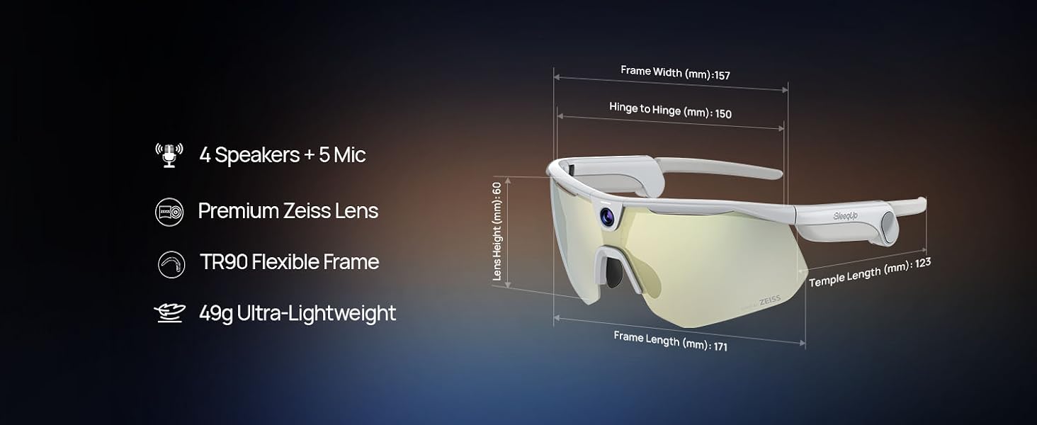 White rugged sports camera glasses with Zeiss lens, showing front view with 120° FOV and built-in microphone for open-ear audio — view 7a