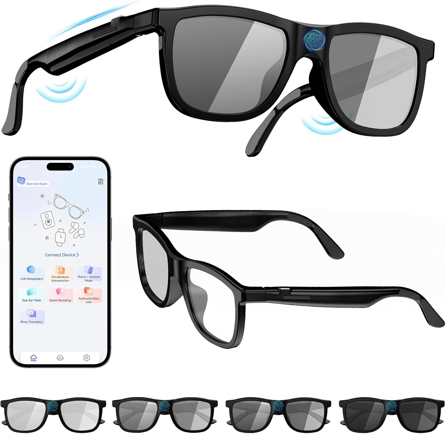 Smart audio glasses with electrochromic tint lenses and open-ear Bluetooth speaker design โ front