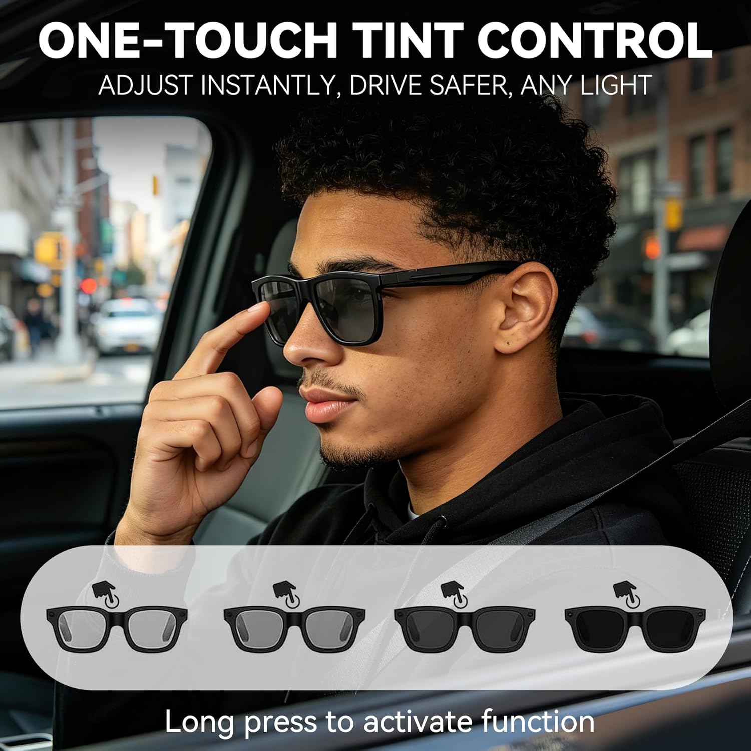 Smart audio glasses with electrochromic tint lenses and open-ear Bluetooth speaker design โ side