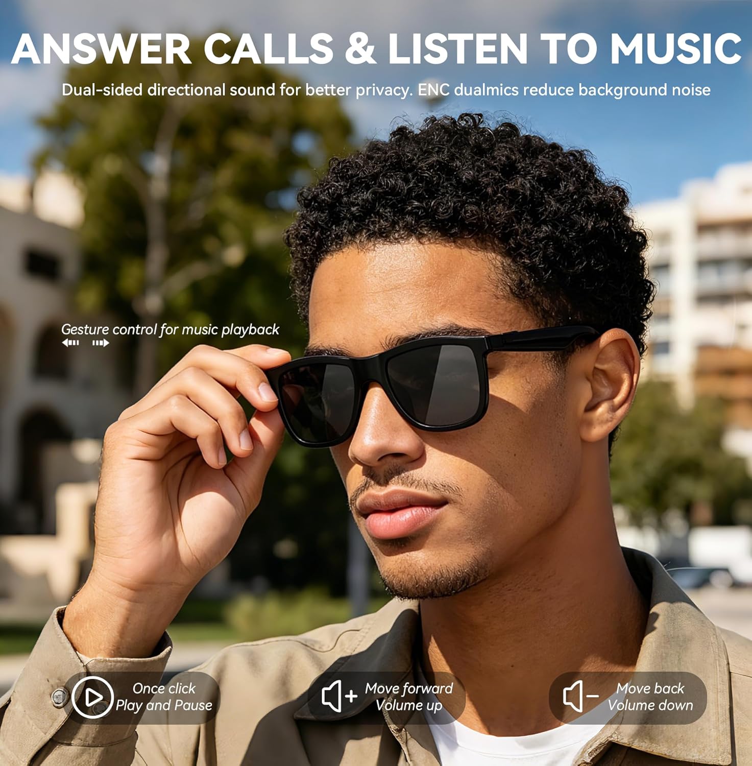 Smart audio glasses with electrochromic tint lenses and open-ear Bluetooth speaker design โ detail