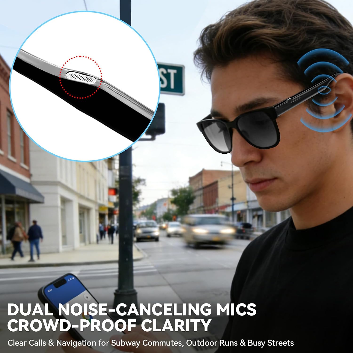 Smart audio glasses with electrochromic tint lenses and open-ear Bluetooth speaker design โ view 3a