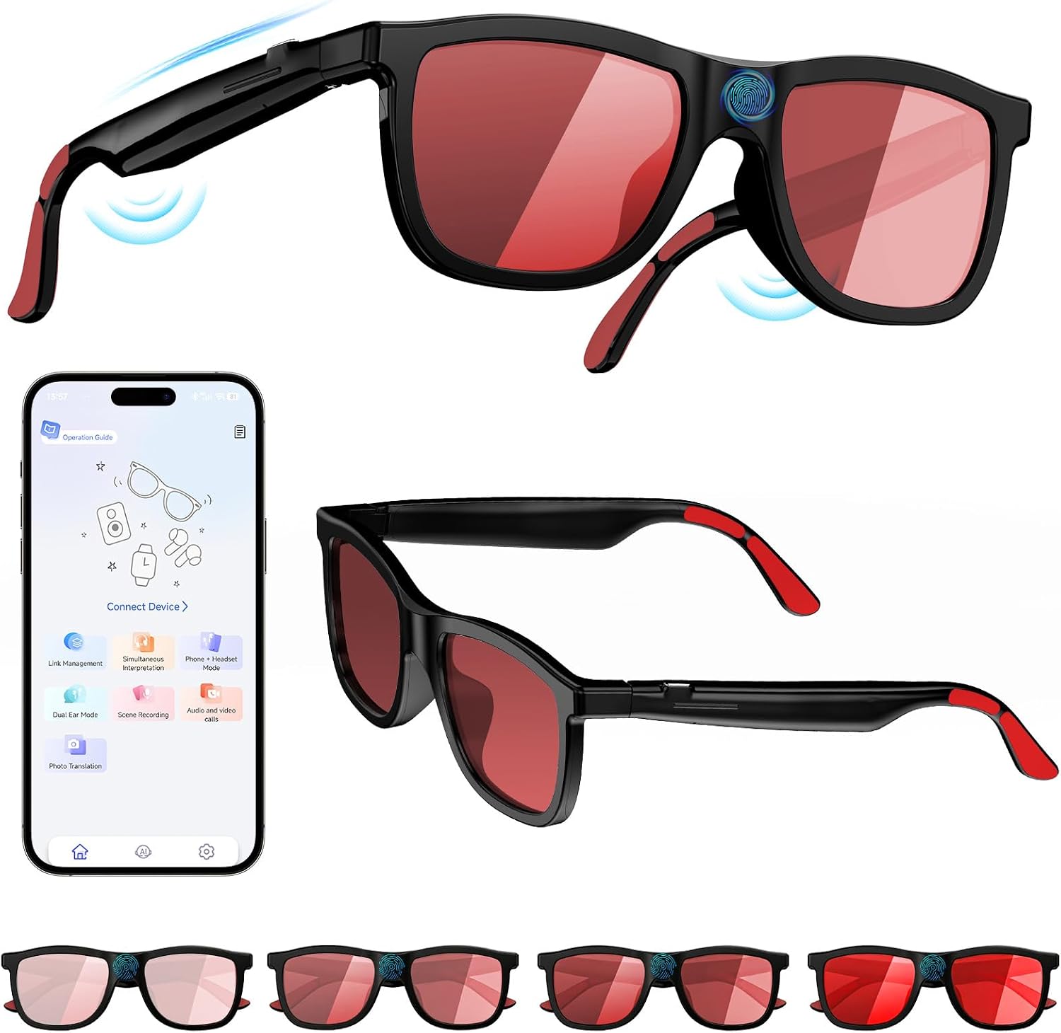 Smart audio glasses with electrochromic tint lenses and open-ear Bluetooth speaker design โ view 3b