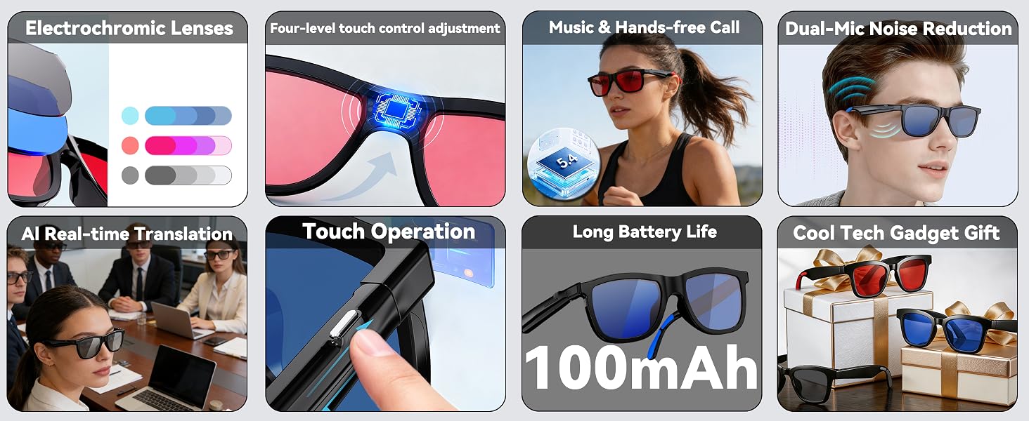 Smart audio glasses with electrochromic tint lenses and open-ear Bluetooth speaker design โ view 5a