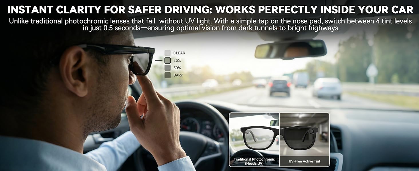 Smart audio glasses with electrochromic tint lenses and open-ear Bluetooth speaker design โ view 5b