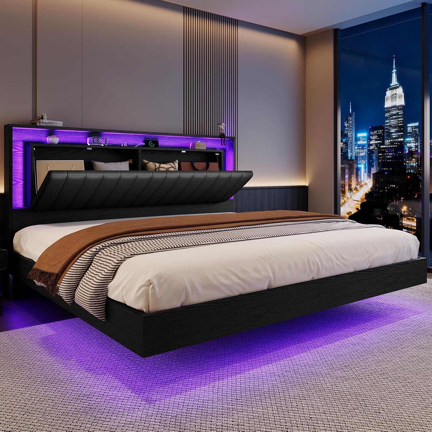 {{product_color}} floating bed frame king size with integrated LED lighting and charging station, wooden headboard with hidden storage compartment โ front