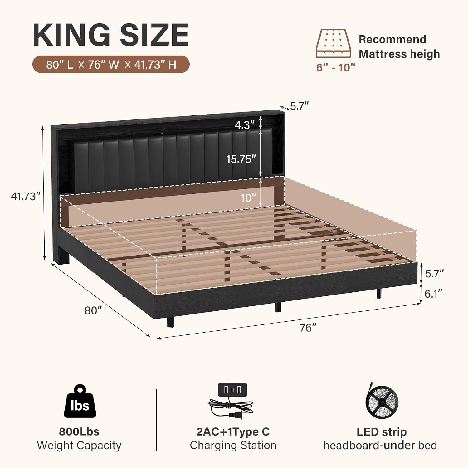 {{product_color}} floating bed frame king size with integrated LED lighting and charging station, wooden headboard with hidden storage compartment โ side
