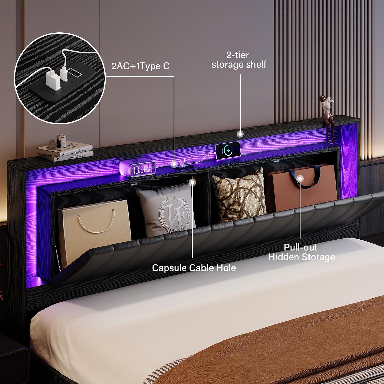 {{product_color}} floating bed frame king size with integrated LED lighting and charging station, wooden headboard with hidden storage compartment โ back