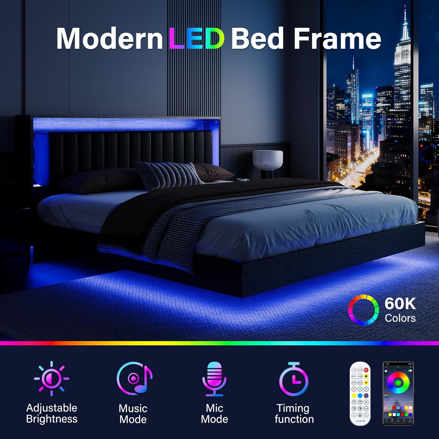 {{product_color}} floating bed frame king size with integrated LED lighting and charging station, wooden headboard with hidden storage compartment โ detail