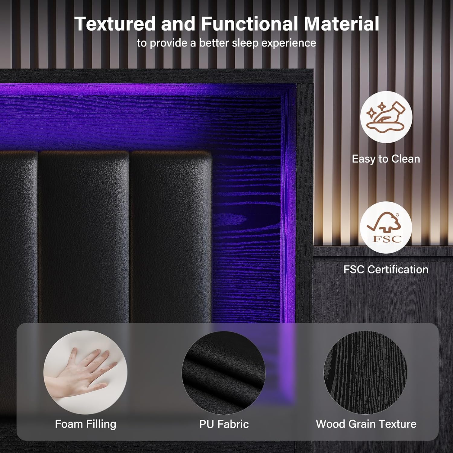 {{product_color}} floating bed frame king size with integrated LED lighting and charging station, wooden headboard with hidden storage compartment — view 2