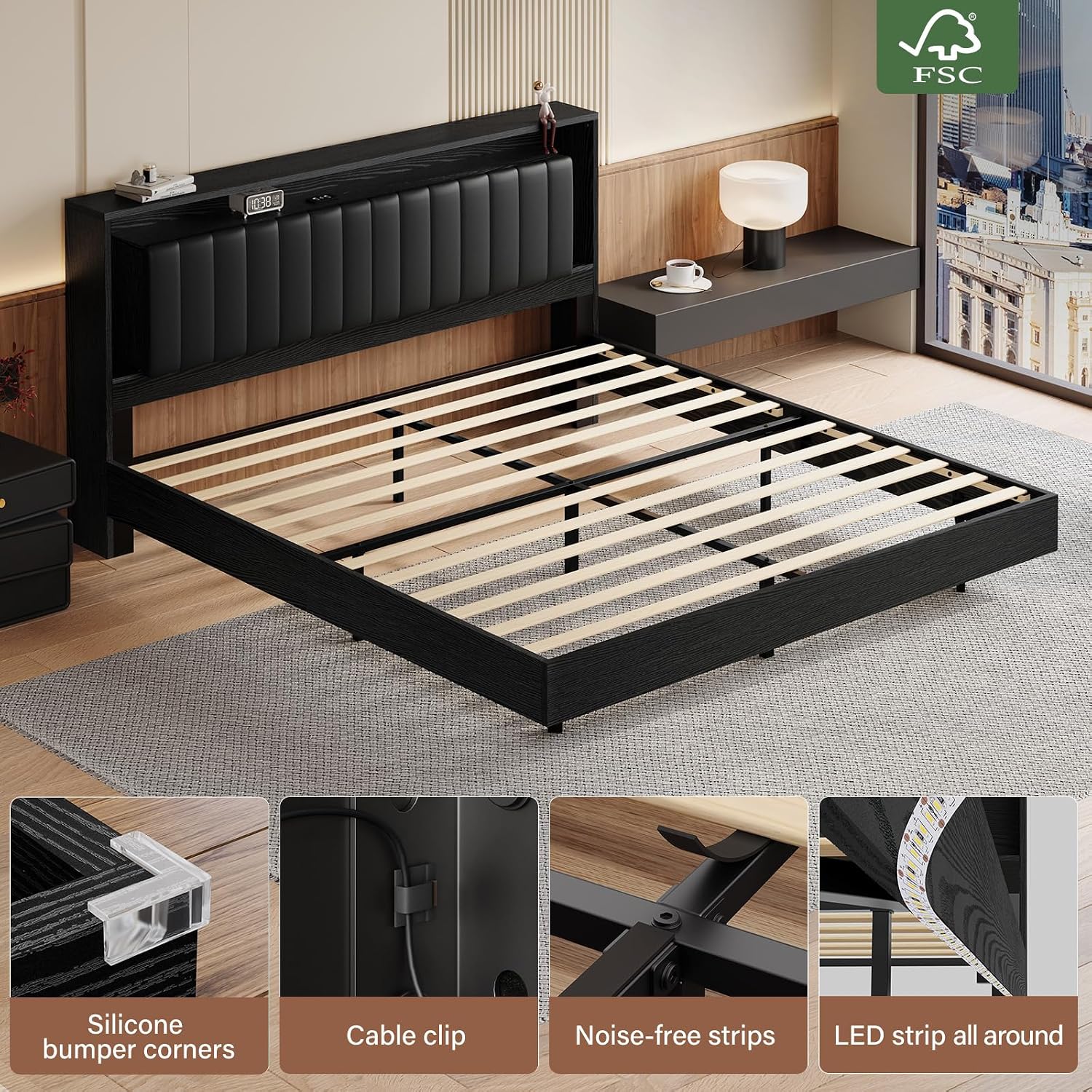 {{product_color}} floating bed frame king size with integrated LED lighting and charging station, wooden headboard with hidden storage compartment — view 3