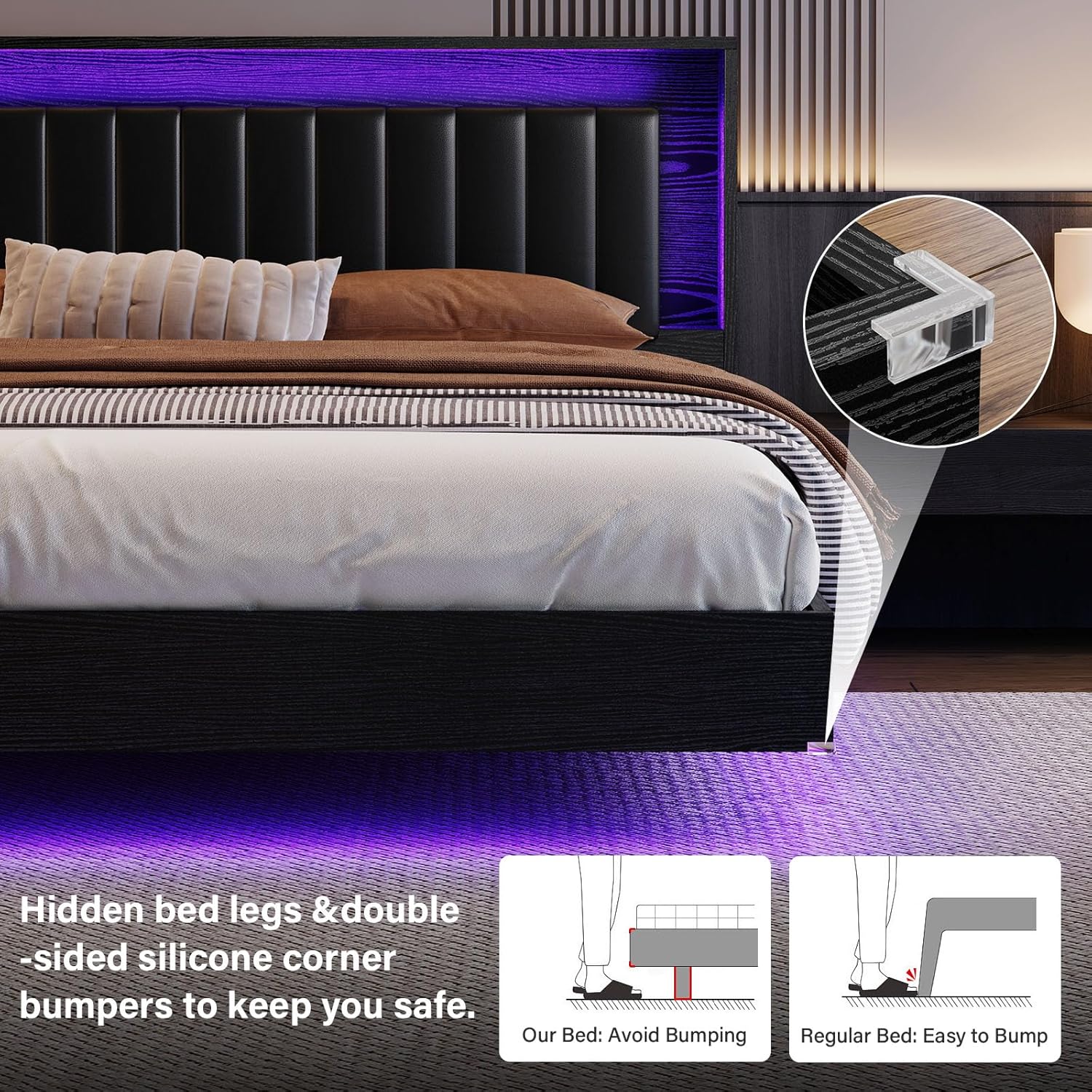 {{product_color}} floating bed frame king size with integrated LED lighting and charging station, wooden headboard with hidden storage compartment — view 4