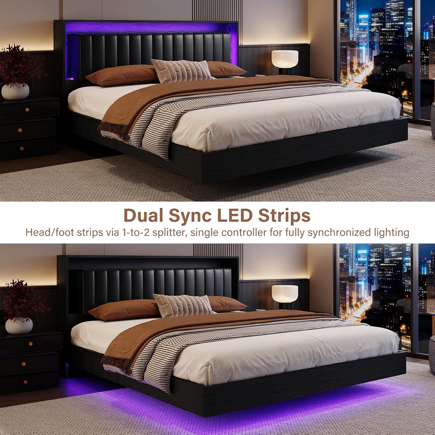 {{product_color}} floating bed frame king size with integrated LED lighting and charging station, wooden headboard with hidden storage compartment — view 5