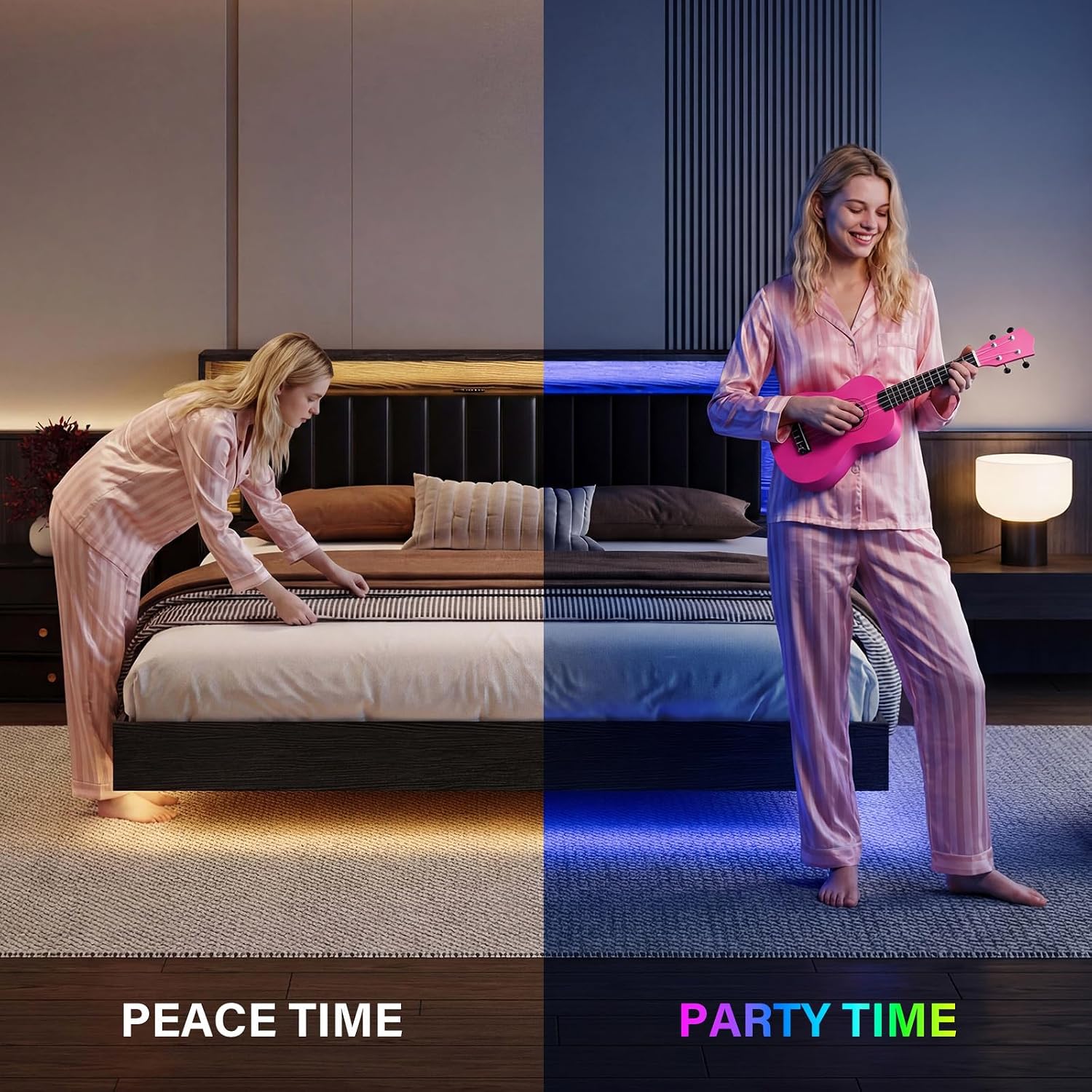 {{product_color}} floating bed frame king size with integrated LED lighting and charging station, wooden headboard with hidden storage compartment โ view 1