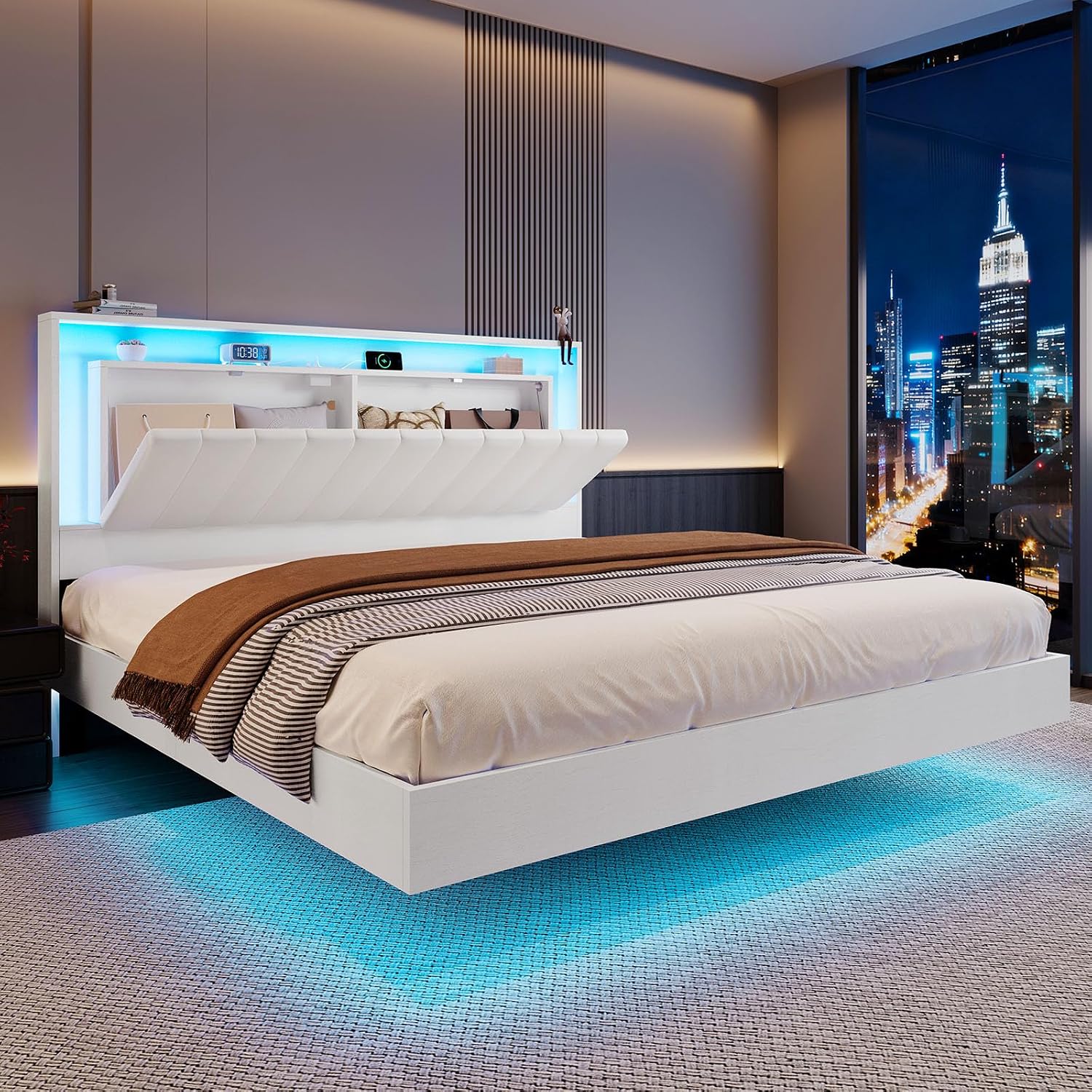 {{product_color}} floating bed frame king size with integrated LED lighting and charging station, wooden headboard with hidden storage compartment โ view 2