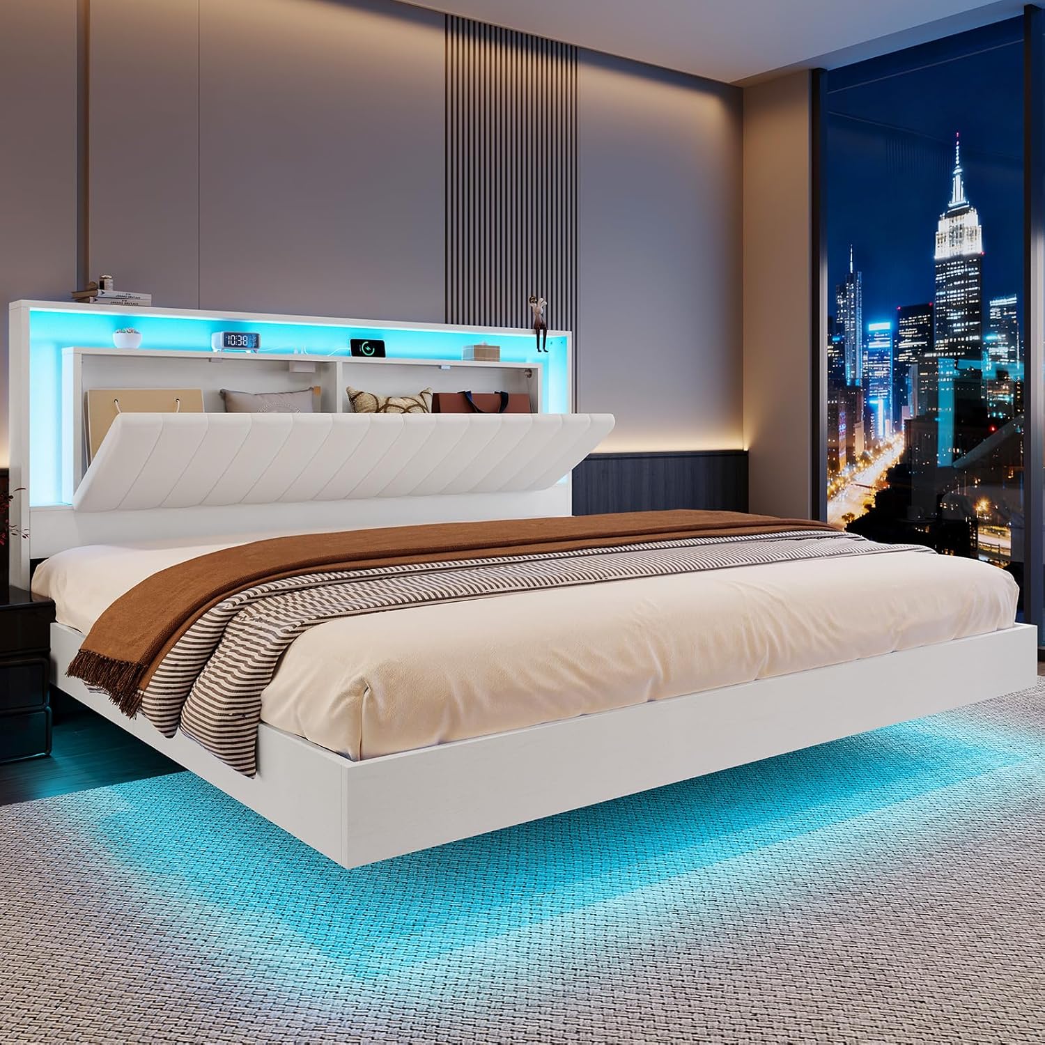 {{product_color}} floating bed frame king size with integrated LED lighting and charging station, wooden headboard with hidden storage compartment โ view 3a
