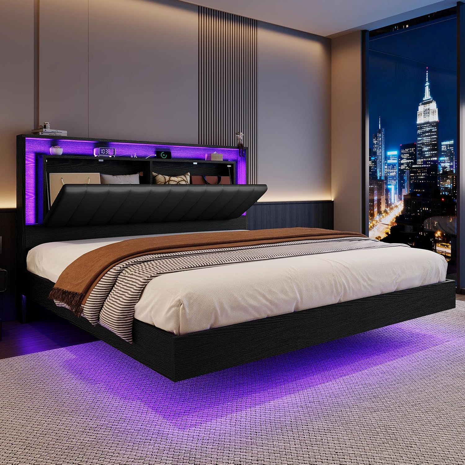 {{product_color}} floating bed frame king size with integrated LED lighting and charging station, wooden headboard with hidden storage compartment โ view 3b