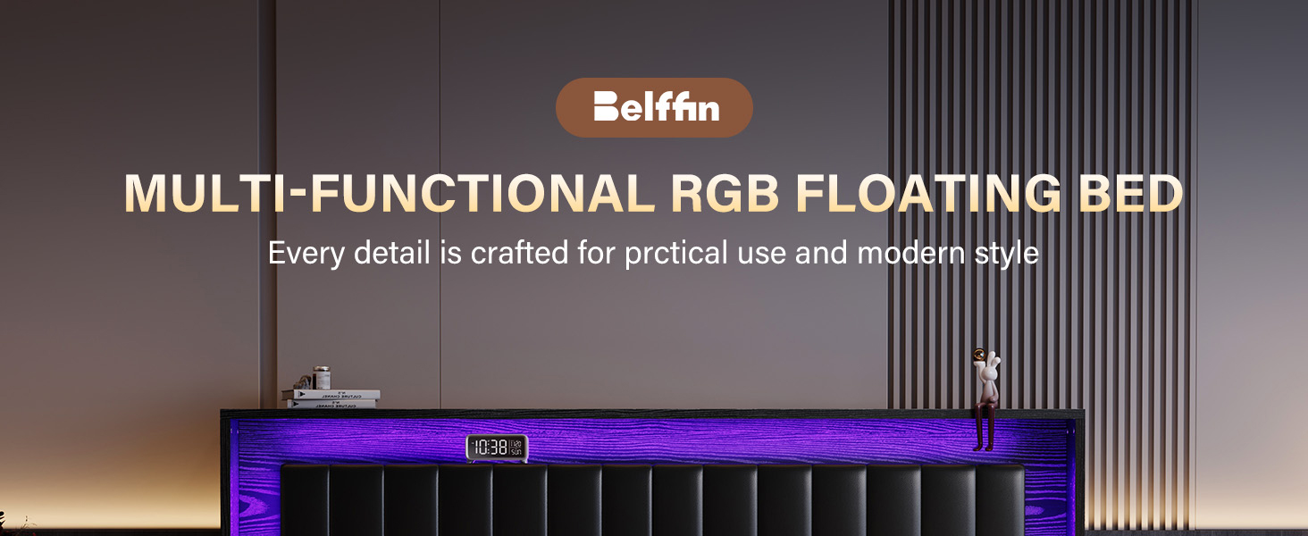 {{product_color}} floating bed frame king size with integrated LED lighting and charging station, wooden headboard with hidden storage compartment โ view 4