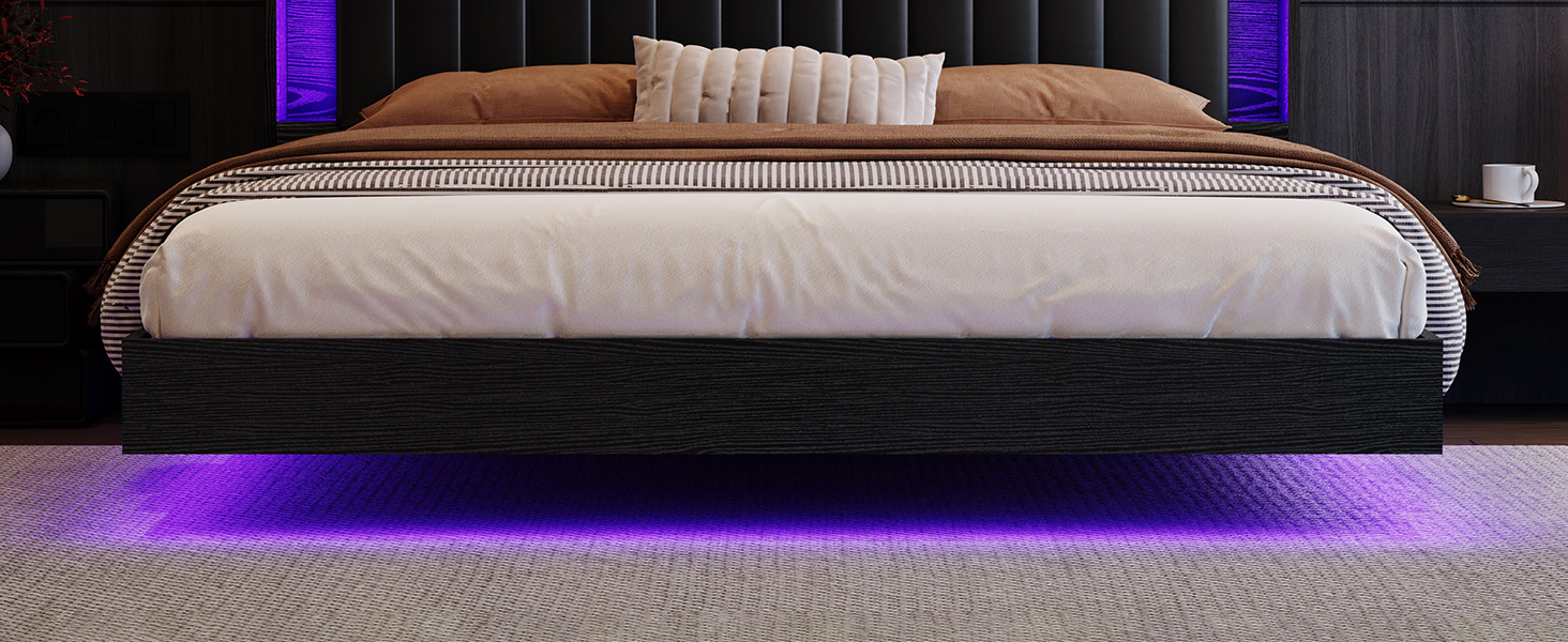 {{product_color}} floating bed frame king size with integrated LED lighting and charging station, wooden headboard with hidden storage compartment โ view 5a