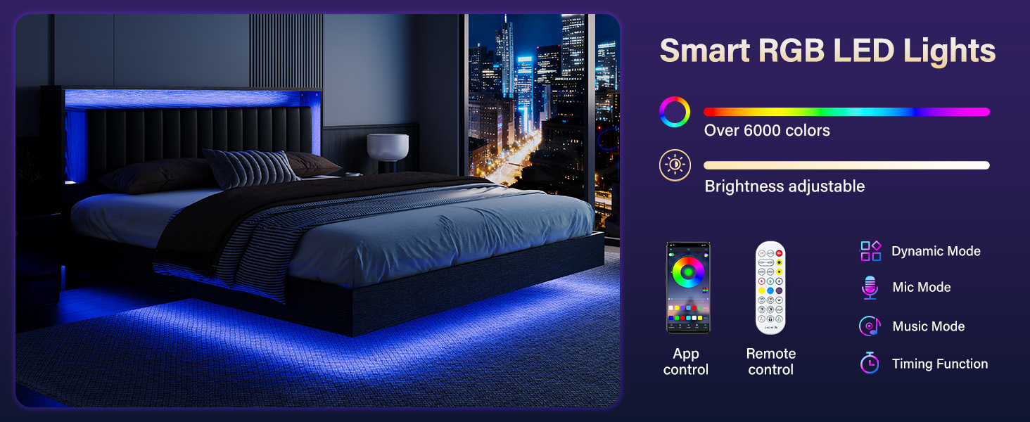 {{product_color}} floating bed frame king size with integrated LED lighting and charging station, wooden headboard with hidden storage compartment โ view 5b