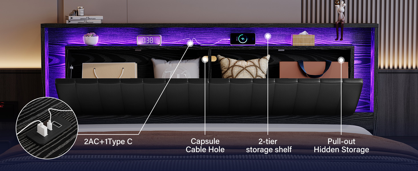 {{product_color}} floating bed frame king size with integrated LED lighting and charging station, wooden headboard with hidden storage compartment โ view 7a