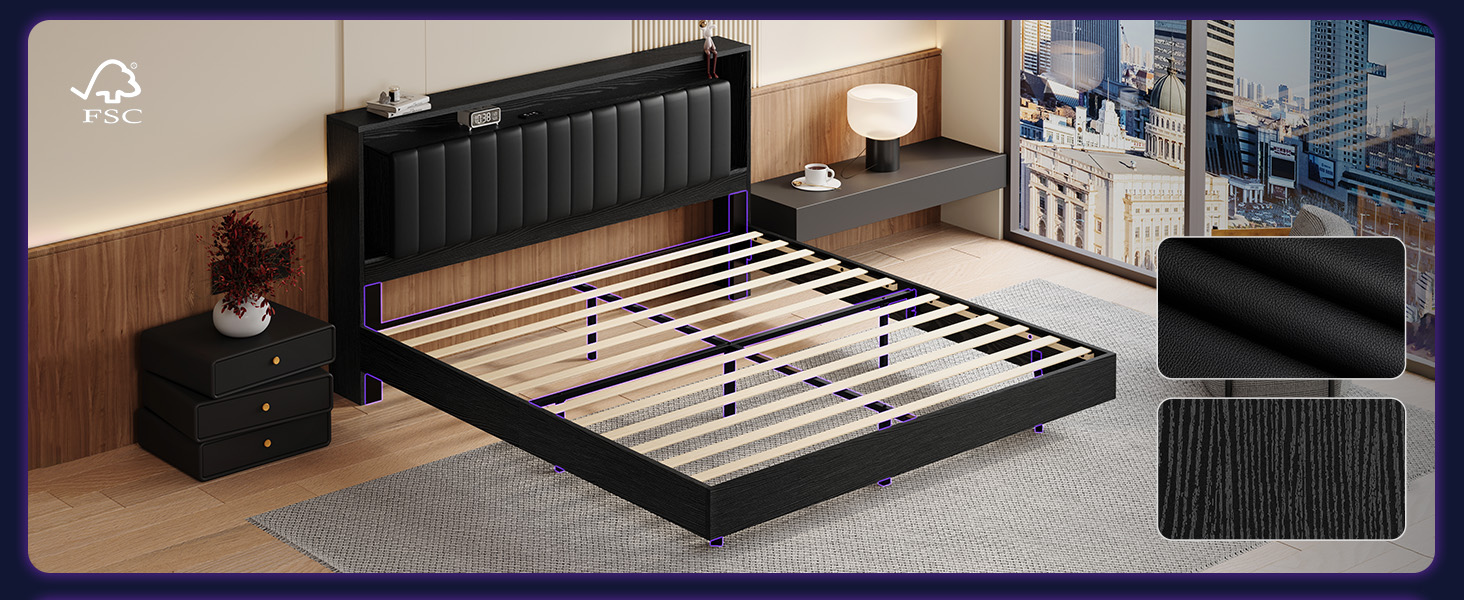 {{product_color}} floating bed frame king size with integrated LED lighting and charging station, wooden headboard with hidden storage compartment โ view 7b