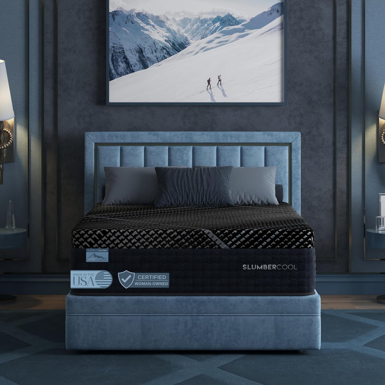 14-inch hybrid cooling mattress with gel-infused memory foam and zoned lumbar support coils, split California King with GlacierTex cover โ front