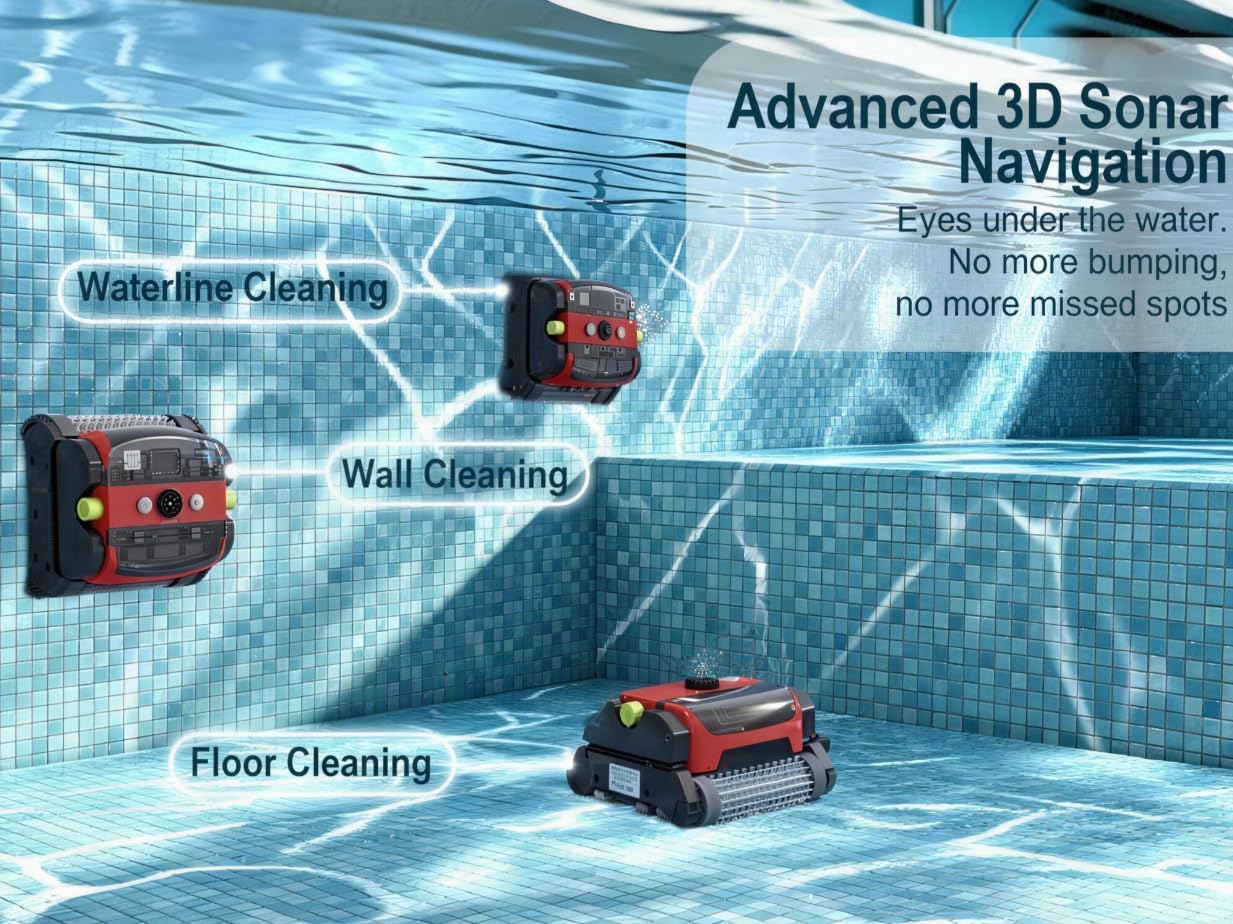 Red wall-climbing robotic pool vacuum with 150W suction motor and top-mounted filter — view 3