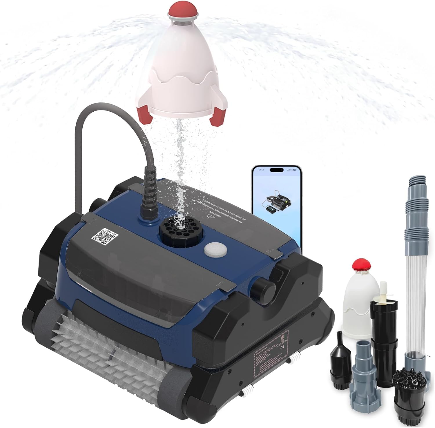 Red wall-climbing robotic pool vacuum with 150W suction motor and top-mounted filter — view 5