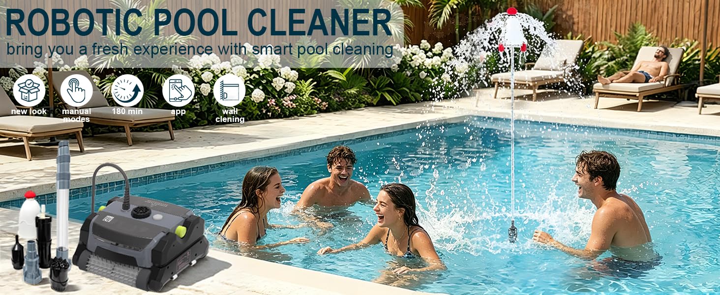 Red wall-climbing robotic pool vacuum with 150W suction motor and top-mounted filter — view 1