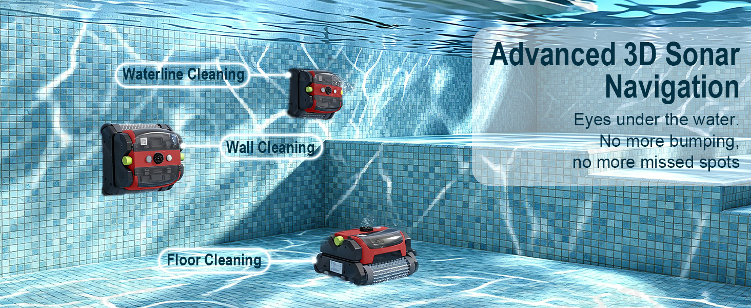 Red wall-climbing robotic pool vacuum with 150W suction motor and top-mounted filter — view 3a