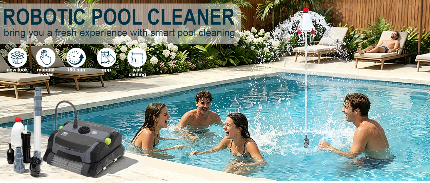 Red wall-climbing robotic pool vacuum with 150W suction motor and top-mounted filter — view 5
