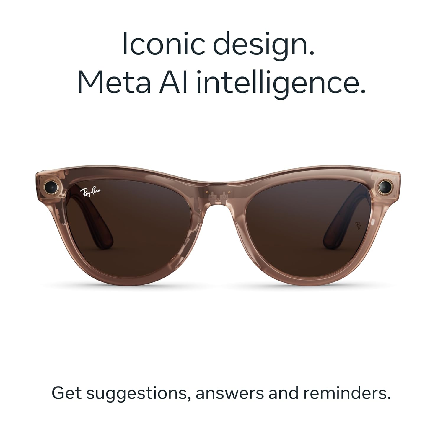 Smart glasses with transparent peach frame finish, featuring integrated camera lens and brown transition lenses — view 2