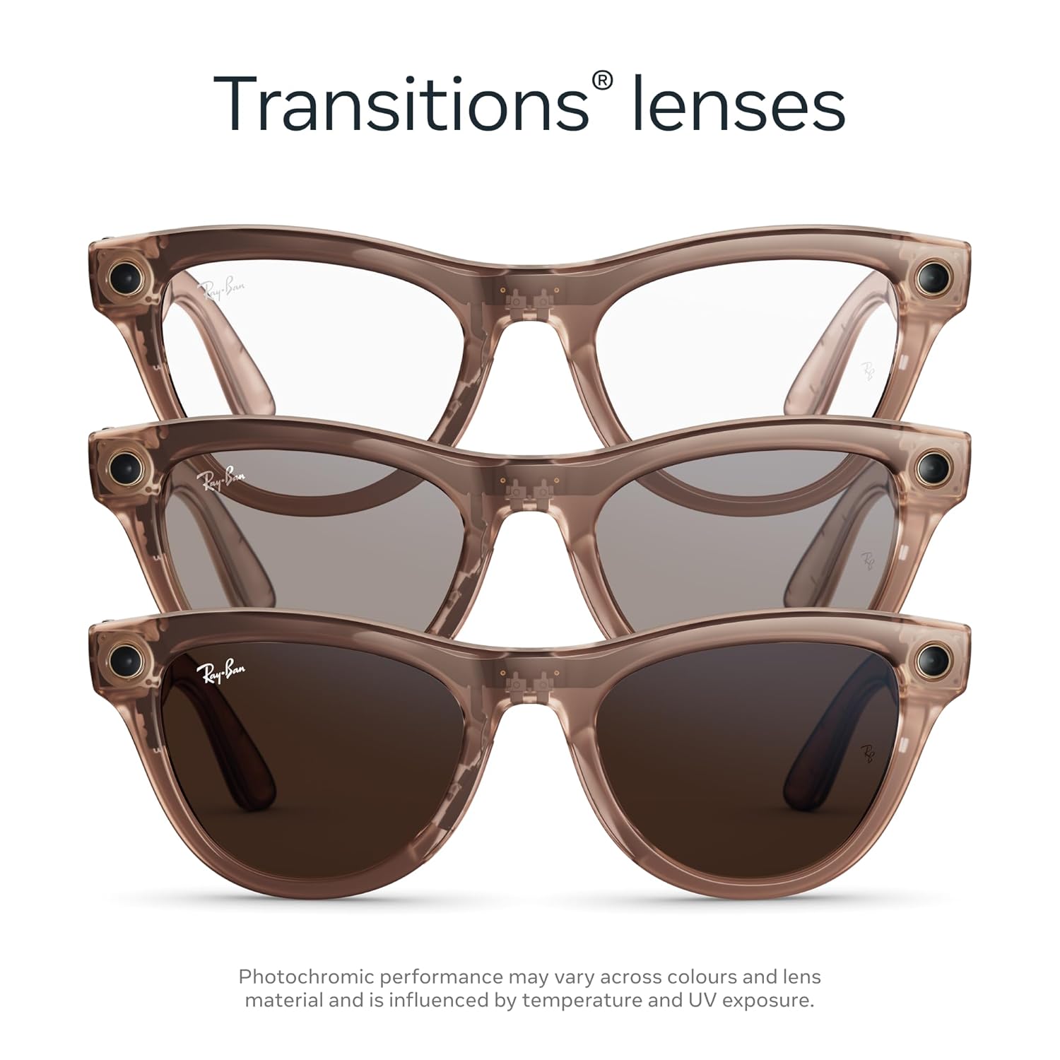 Smart glasses with transparent peach frame finish, featuring integrated camera lens and brown transition lenses — view 2