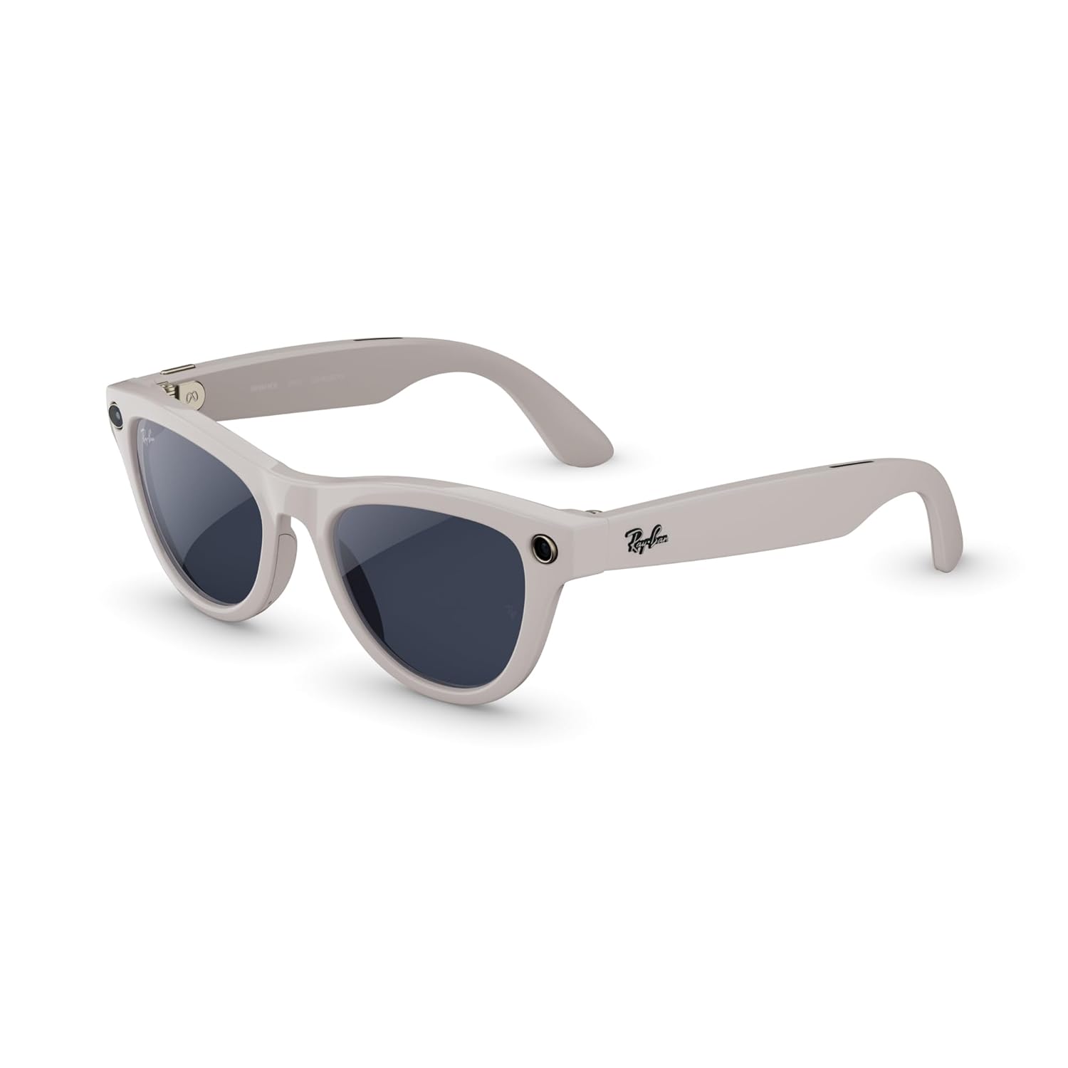 Smart glasses with transparent peach frame finish, featuring integrated camera lens and brown transition lenses — view 4