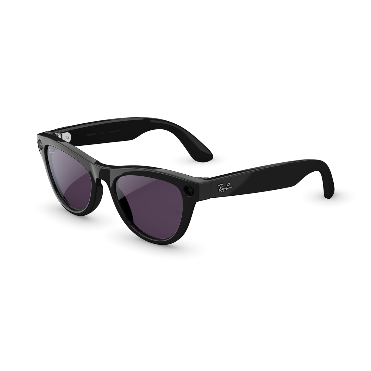 Smart glasses with transparent peach frame finish, featuring integrated camera lens and brown transition lenses — view 4