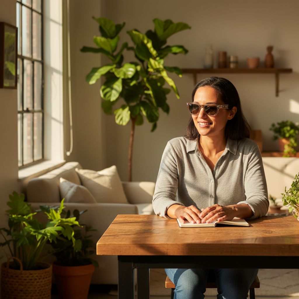 Smart glasses with transparent peach frame finish, featuring integrated camera lens and brown transition lenses — view 2