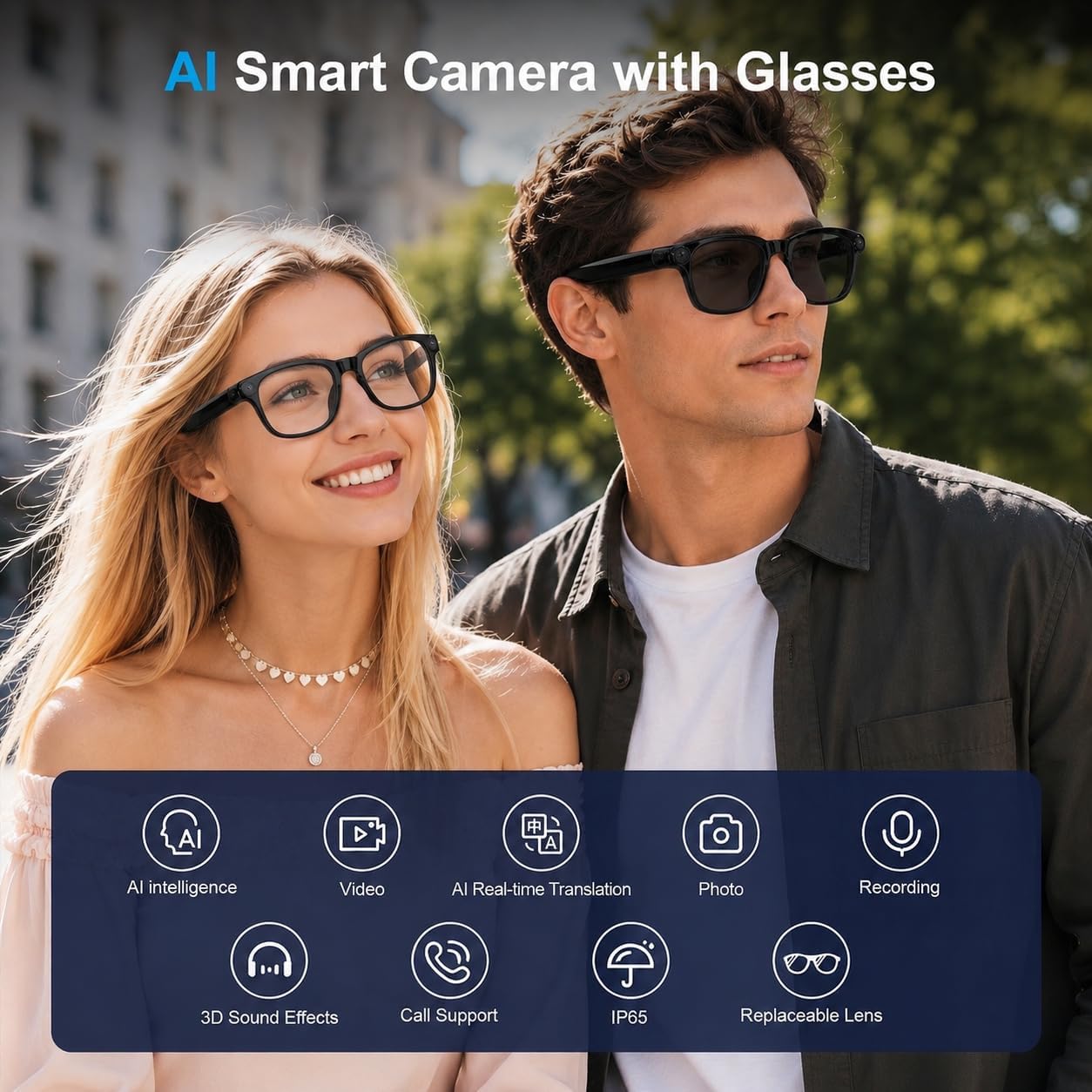 Sleek AI smart glasses with replaceable sunglasses lenses, featuring 8MP camera and open-ear audio design — side