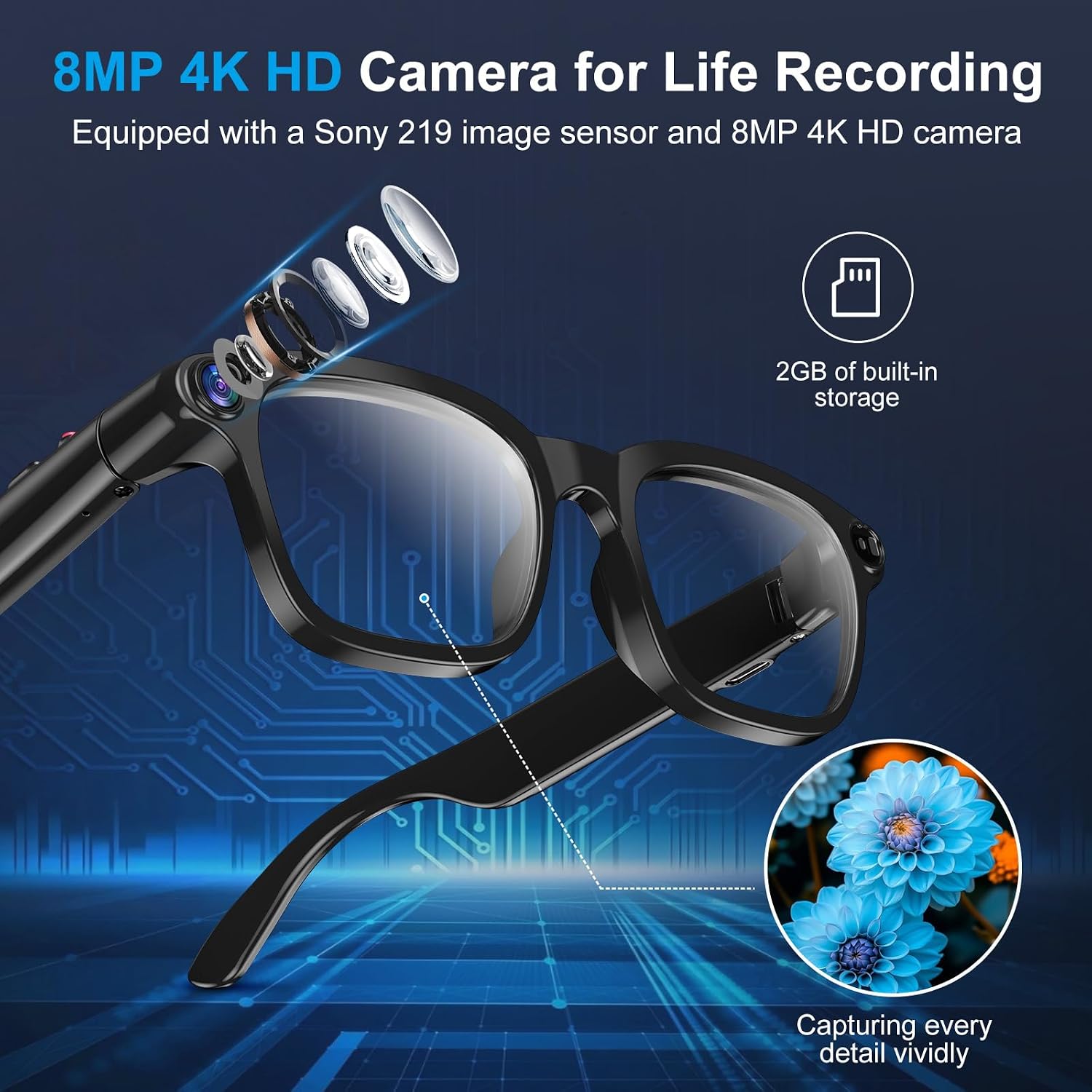 Sleek AI smart glasses with replaceable sunglasses lenses, featuring 8MP camera and open-ear audio design — back