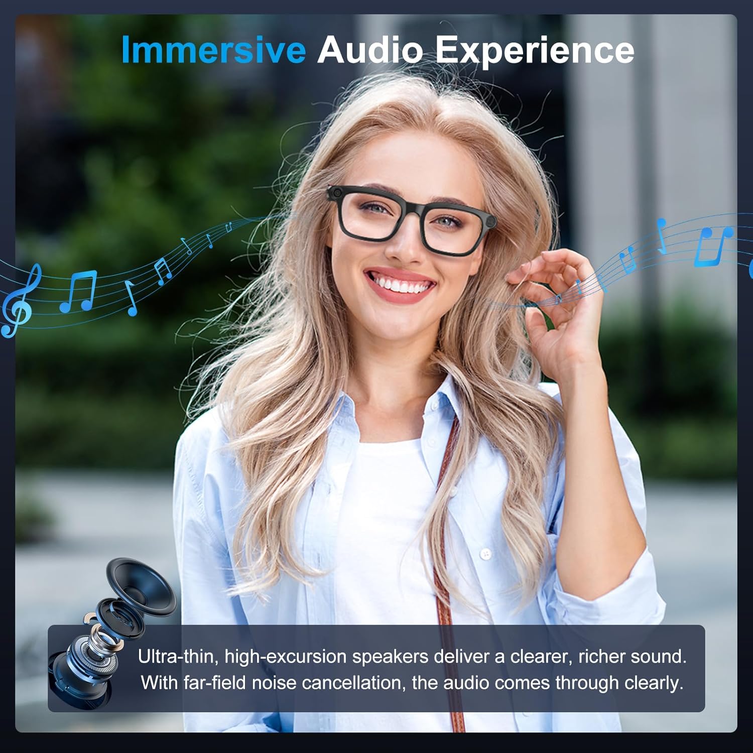 Sleek AI smart glasses with replaceable sunglasses lenses, featuring 8MP camera and open-ear audio design โ view 2