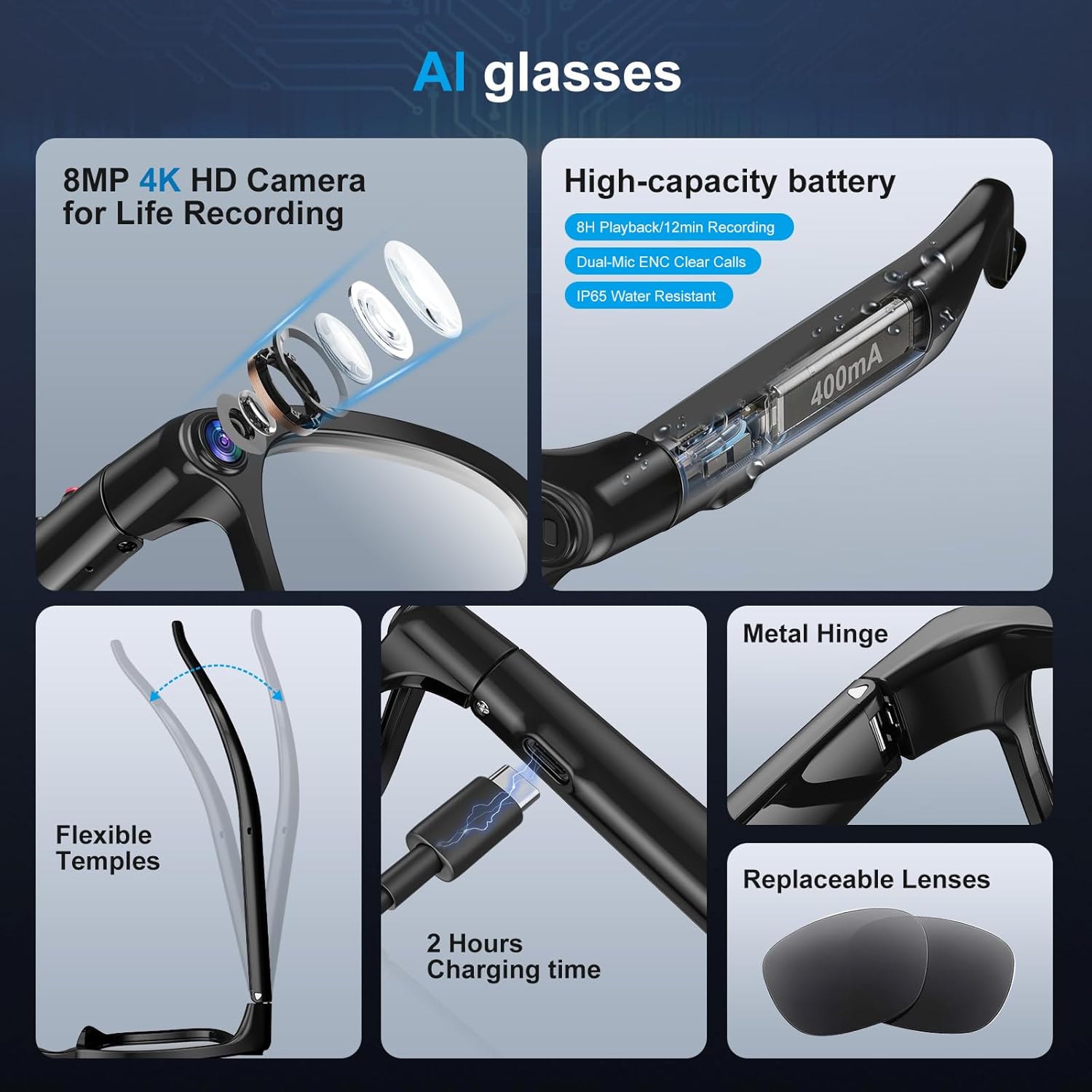 Sleek AI smart glasses with replaceable sunglasses lenses, featuring 8MP camera and open-ear audio design โ view 4