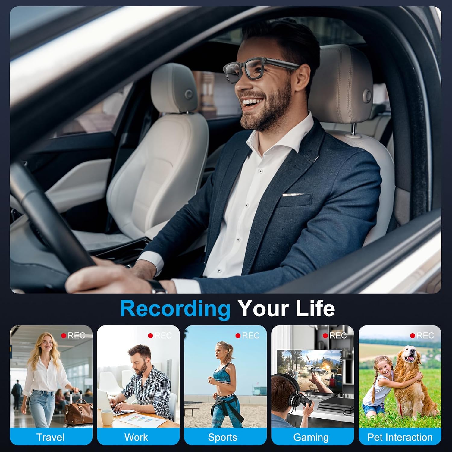 Sleek AI smart glasses with replaceable sunglasses lenses, featuring 8MP camera and open-ear audio design โ view 5