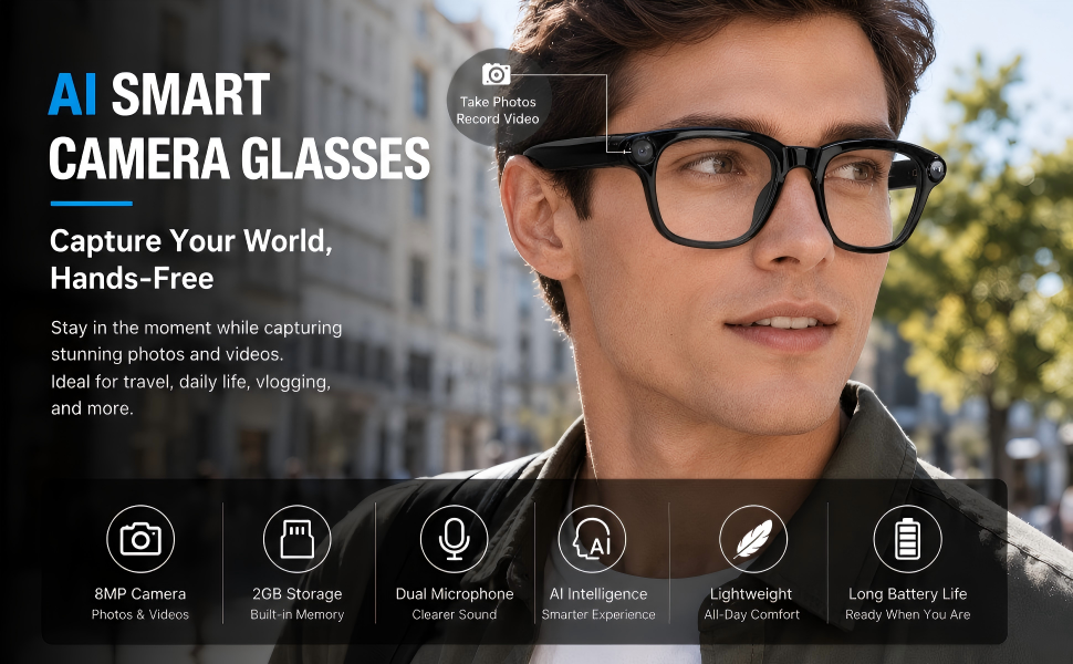 Sleek AI smart glasses with replaceable sunglasses lenses, featuring 8MP camera and open-ear audio design — view 4