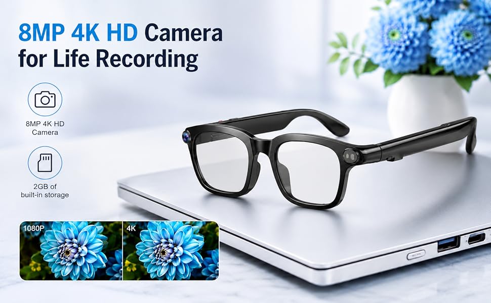 Sleek AI smart glasses with replaceable sunglasses lenses, featuring 8MP camera and open-ear audio design — view 5a