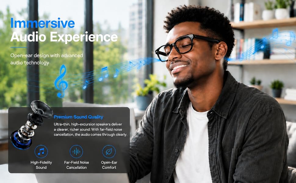 Sleek AI smart glasses with replaceable sunglasses lenses, featuring 8MP camera and open-ear audio design — view 6